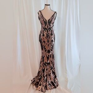 Jovani Black and Rose Gold Plunging Neckline Fitted Party Dress 3263